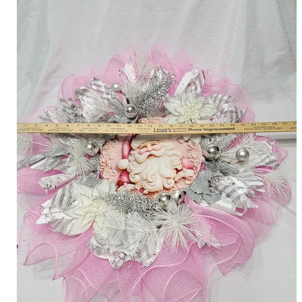 Pink silver Santa sparkle Christmas Wreath  Glitter Deco Mesh Unique Decor 24in